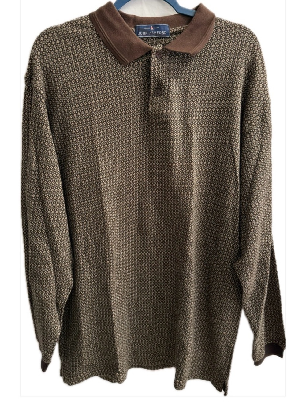 John Ashford 100% Cotton Men's Polo Shirt Brown Beige Geometric Pattern Size L